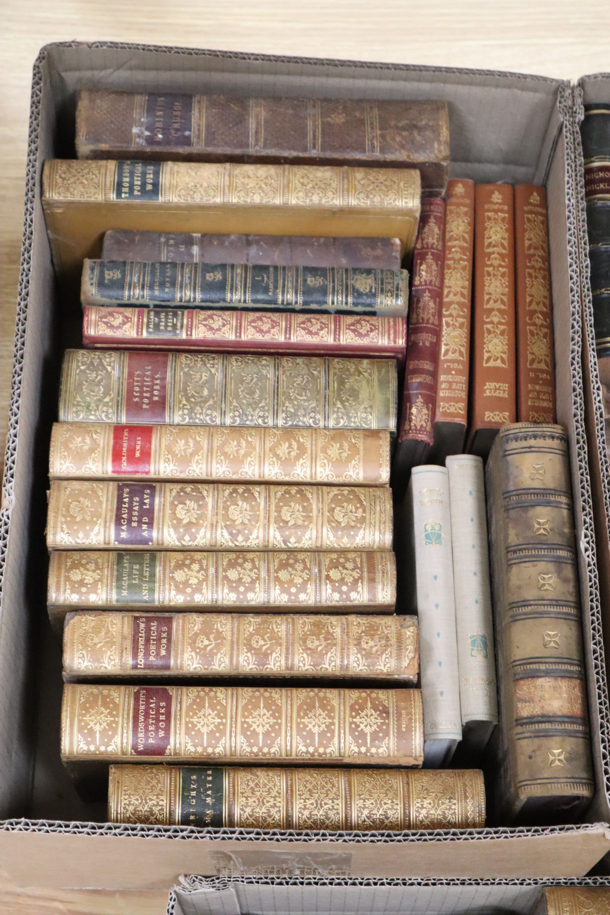 A collection of 18th/19th century leatherbound volumes, including The Spectator 1-9, Shakespeares works, etc. and a Book of Common Pra